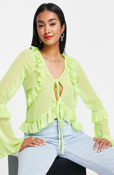 Asos Design Tie Front Frill Neck Sheer Blouse In Lime-green