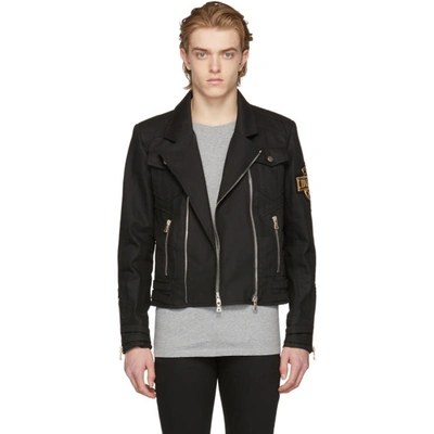 Balmain Waxed Cotton Denim Jacket W/ Patch In Black