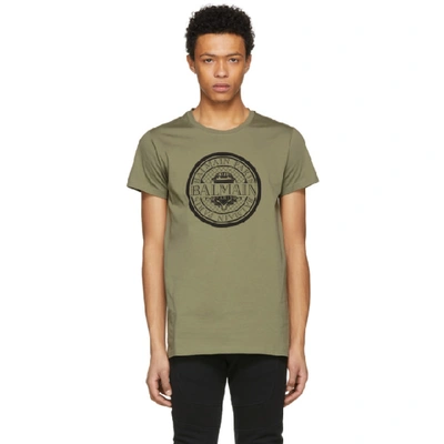 Balmain Slim Fit Coin Logo Cotton Jersey T-shirt In Army Green