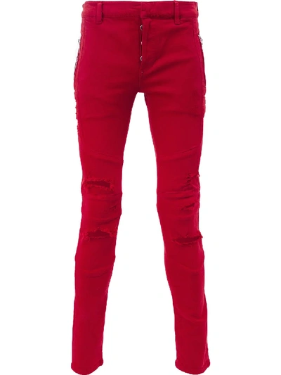 Balmain 15cm Destroyed Stretch Denim Jeans In Red | ModeSens