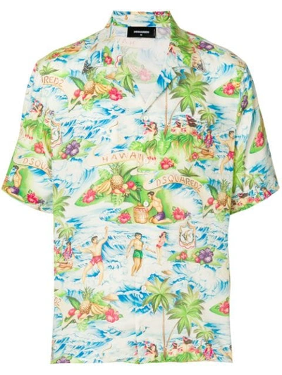 Dsquared2 Hawaii Printed Viscose Bowling Shirt In Multicoloured