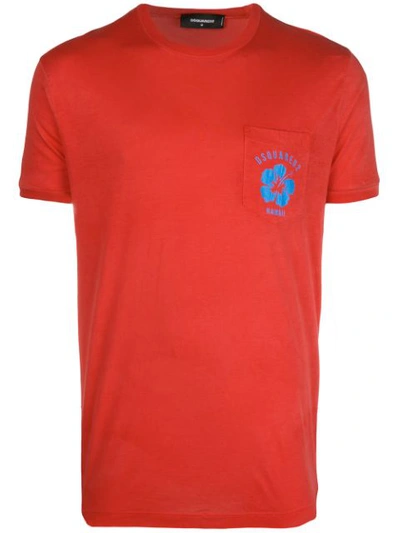 Dsquared2 Printed Cotton Jersey T-shirt W/ Pocket In Red
