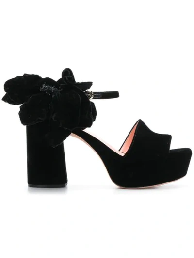 Rochas 90mm Flower Embellished Velvet Sandals In Black