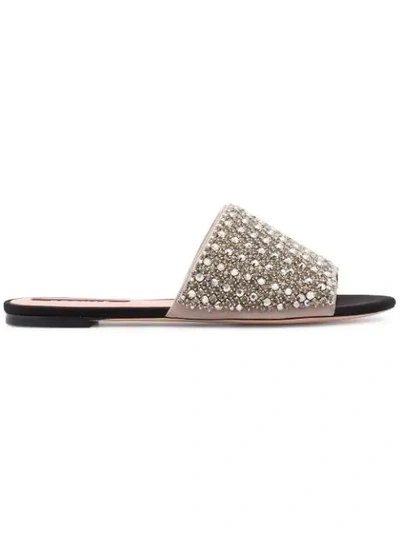 Rochas 10mm Crystals Suede Slide Sandals In Metallic