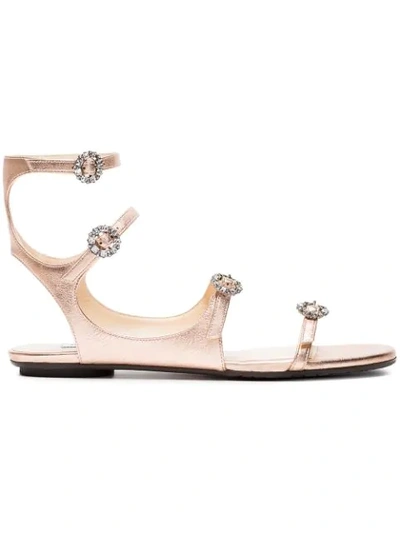 Jimmy Choo Naia Metallic Flat Sandal With Crystal Buckles, Rose Gold In Pink