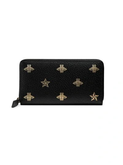 Gucci Bee Star Leather Zip Around Wallet In Black