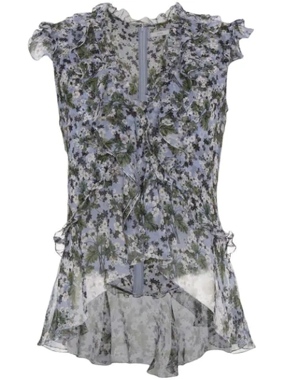 Erdem Regina Ruffled Floral-print Silk-chiffon Top In Blue