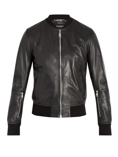 Dolce & Gabbana Leather Bomber Jacket In Nero