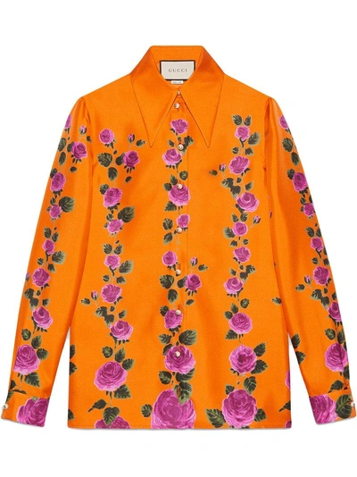 Gucci Rose Garden Print Silk Shirt In Orange
