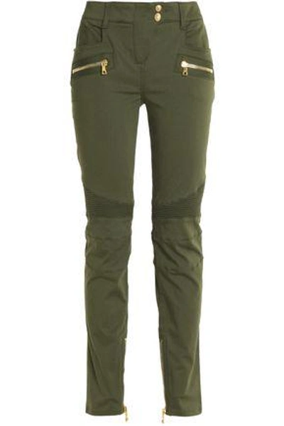 Balmain Woman Moto-style Cotton-blend Skinny Pants Green