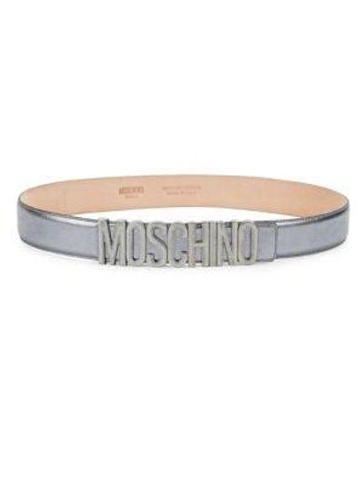 Moschino Metallic Logo Leather Belt In Nickel