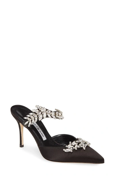 Manolo Blahnik Lurum Jewel Leaf Mule In Black Satin