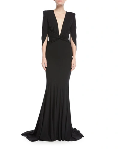 Michael Kors Plunging Draped Fishtail Evening Gown In Black