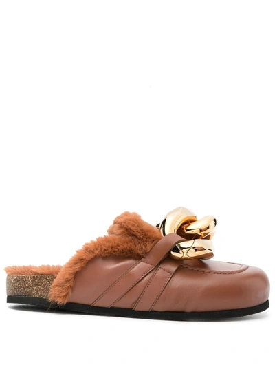 Jw Anderson Flat Chain Faux Fur Lining Leather Sandals In Brown