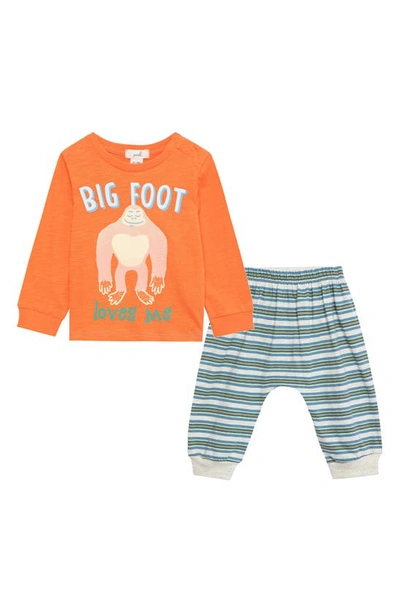 Peek Essentials Babies' Big Foot Long Sleeve Graphic Tee & Pants Set In Orange