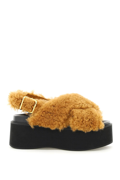 Marni Shearling Wedge Sandals In Brown,black