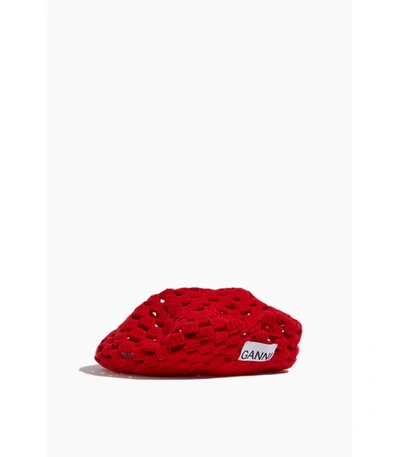 Ganni Logo-patch Recycled-wool And Recycled-polyamide Blend Crochet Beret In Red