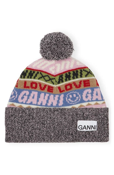 Ganni Embroidered-logo Knitted Beanie In Multi-coloured