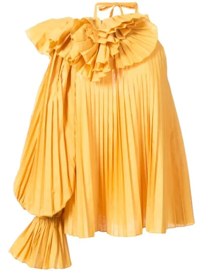 Rosie Assoulin Pleated One-shoulder Escargot Blouse In Yellow