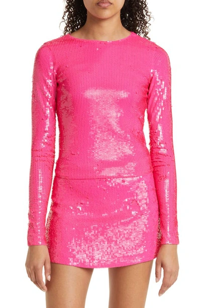 Alice And Olivia Delaina Sequined Crewneck Top In Wild Pink