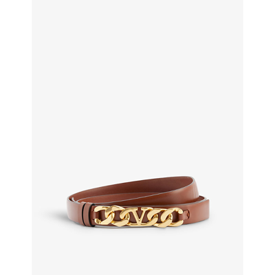 Valentino Garavani V-logo Chain-embellished Leather Belt In Bronze Plate
