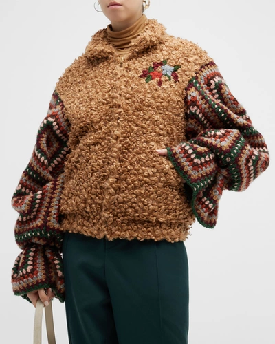 Tu Lizé Faux Fur Crochet Bomber Jacket In Brown