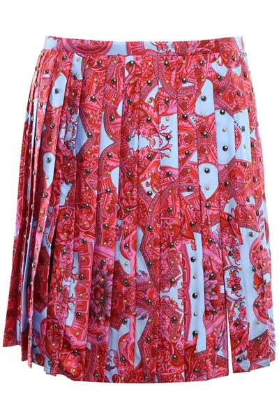 Versace Printed Silk Skirt In Red,light Blue,metallic