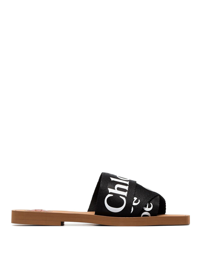 Chloé Mules Woody Linen In Black