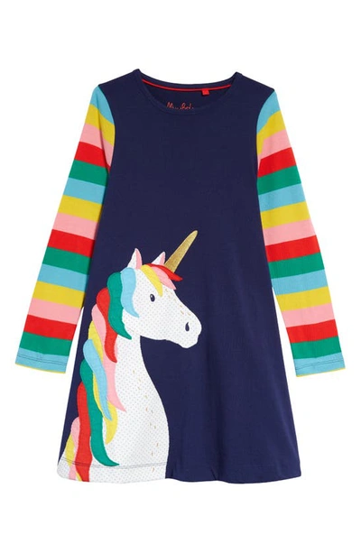 Mini Boden Kid's Unicorn Appliqué Cotton A-line Dress In Unicorn Rainbow Sleeve