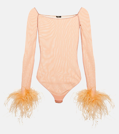 Oseree Feather-trimmed Mesh Bodysuit In Rosado