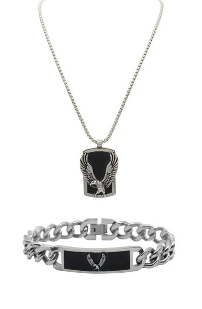 American Exchange 2-piece Stainless Steel Eagle Pendant Necklace & Bracelet Set In Silver/ Black