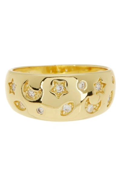 Sterling Forever Star & Moon 14k Gold Plated Cz Dome Ring