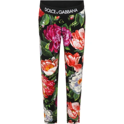 Dolce & Gabbana Kids' Black Leggings For Girl With Floral Print In Vw