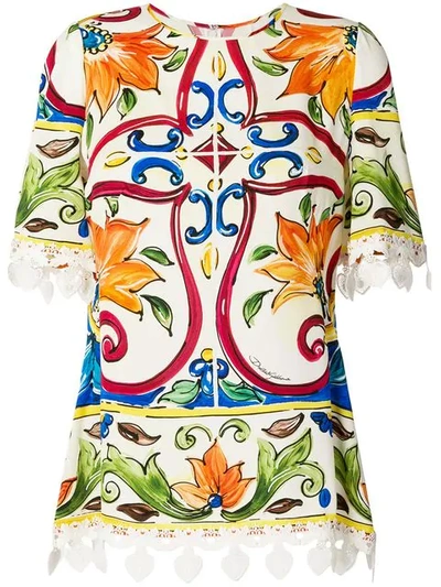 Dolce & Gabbana Short-sleeve Maiolica-print Top With Crochet Trim In Multicolor
