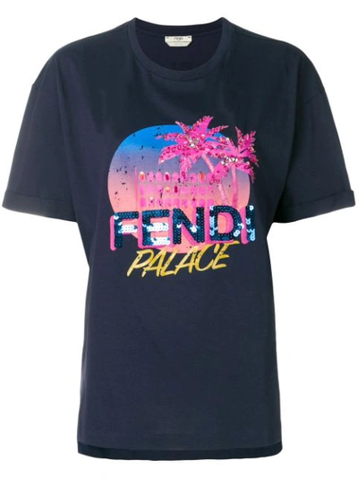 Fendi Sequin Palm Tree Embellished Cotton T Shirt In Blue