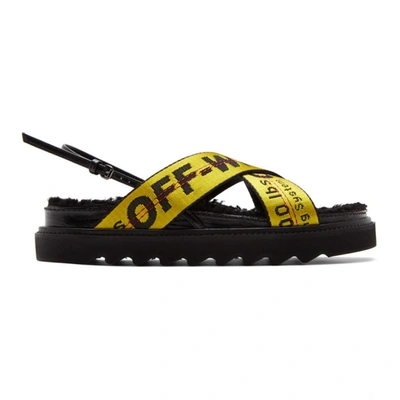 Off-white Shearling-trimmed Canvas-jacquard And Patent-leather Sandals In Black