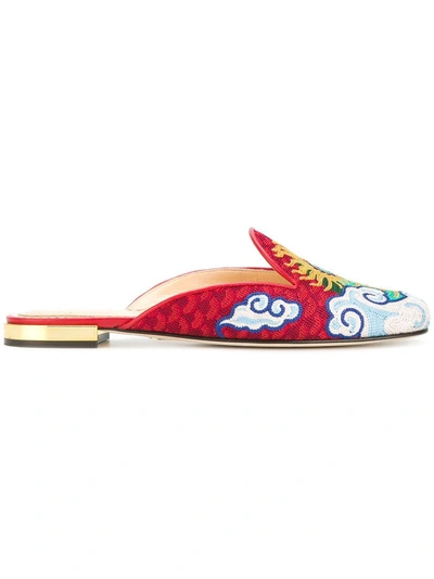 Charlotte Olympia Women's Dragon Embroidered Mules In Multi Color/red