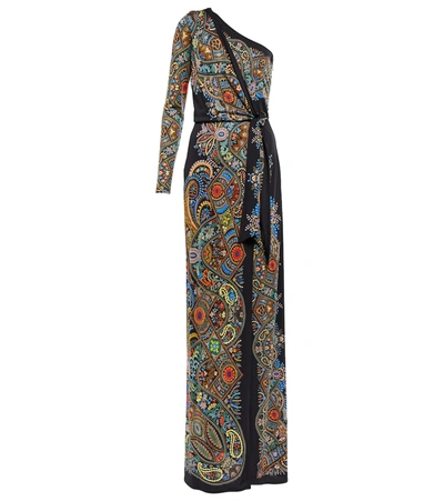 Etro One-shoulder Jersey Dress With Micro Flowers In Black