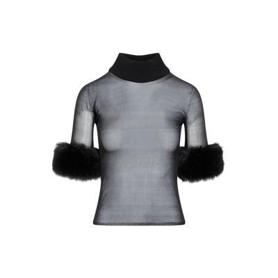 Saint Laurent Faux Fur-trimmed Sheer Silk Top In Black