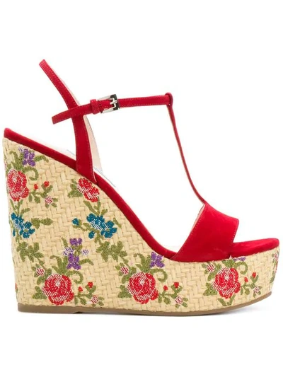 Prada Floral-embroidered Suede Wedge Sandals In Red