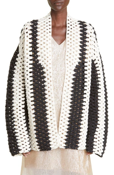 Partow Bicolor Stripe Open Front Crochet Cardigan In Black Ivory