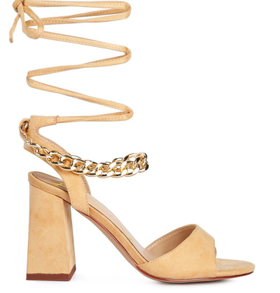 London Rag Gone Gurl Chain Detail Tie Up Block Heels Sandal In Beige