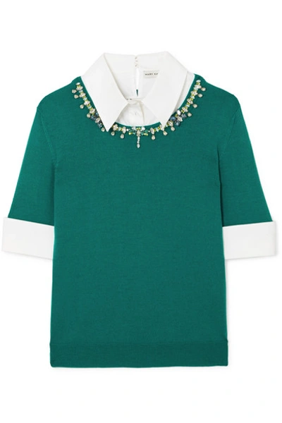 Mary Katrantzou Ella Embellished Layered Cotton-blend Poplin And Wool Sweater In Emerald