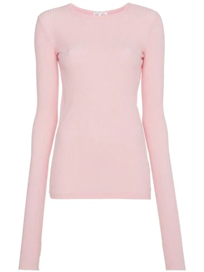 Helmut Lang Round-neck Ribbed-knit Cotton Top In Pink