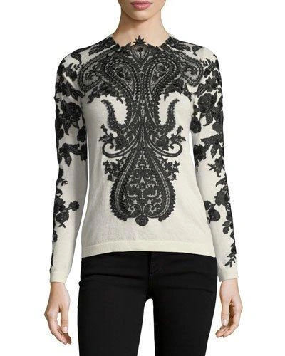 Naeem Khan Long-sleeve Embroidered-lace Cashmere Sweater In White/black