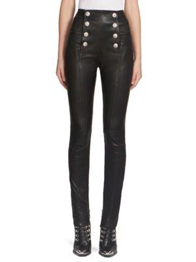 Balmain Button-embellished Leather Skinny Pants In Black