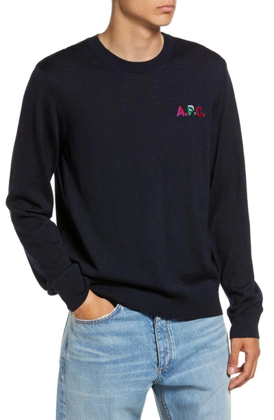 A.p.c. Brian Embroidered Wool Blend Crewneck Sweater In Blu