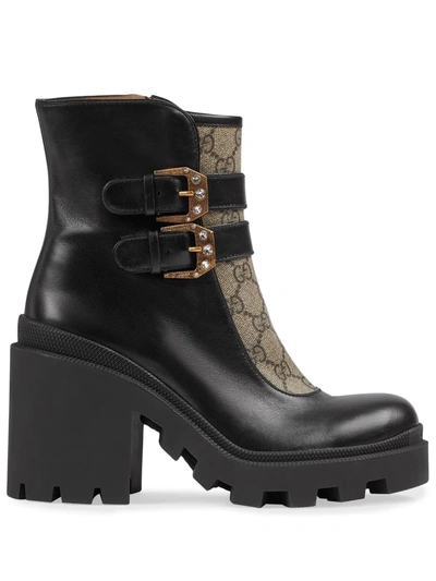 Gucci Leather Gg Supreme Buckle Ankle Boots In Black