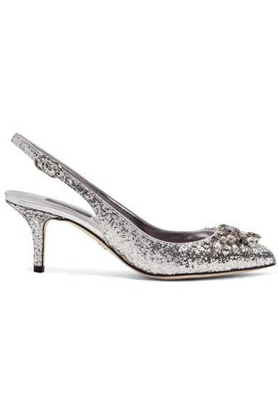 Dolce & Gabbana Crystal-embellished Glittered Leather Slingback Pumps In Silver