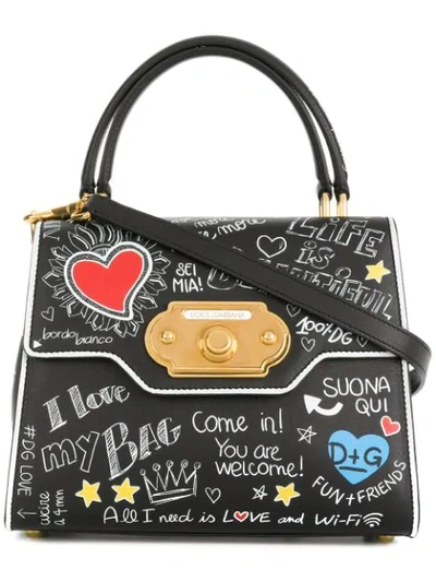 Dolce & Gabbana Medium Welcome Graffiti Leather Bag In Black